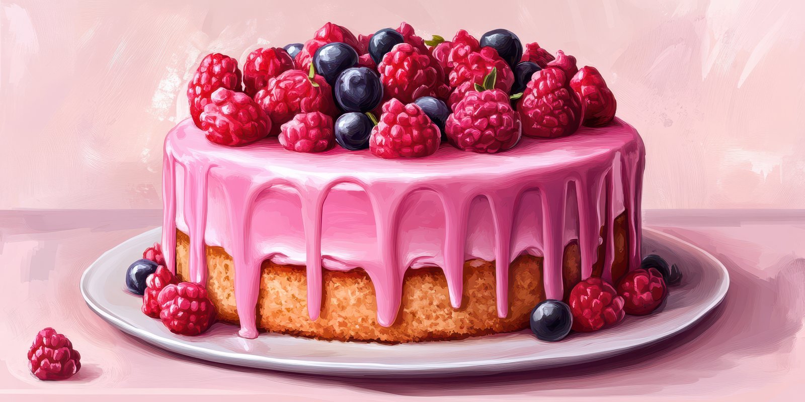 Delicious raspberry and blueberry cake with pink icing on a white plate perfect for any celebration or gathering